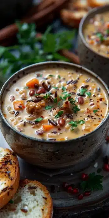 Bowl of Autumn Wild Rice Soup with vegetables and herbs served in a cozy setting