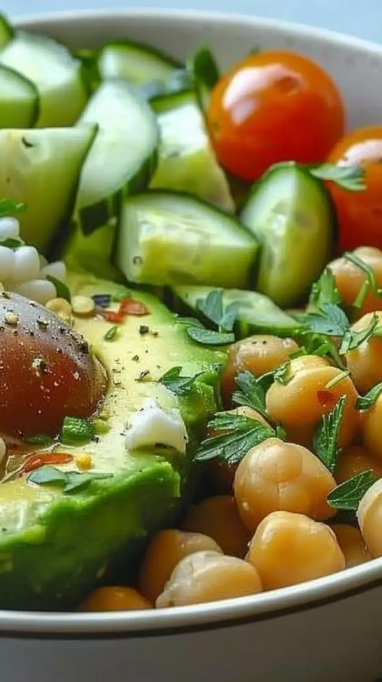 A colorful Avocado Chickpea Bowl topped with fresh vegetables and herbs