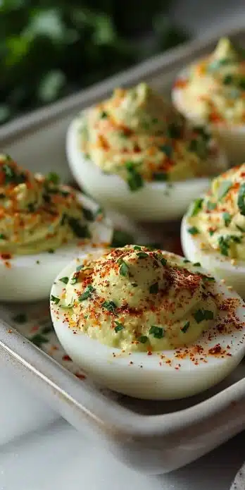 Delicious avocado deviled eggs on a platter garnished with herbs.