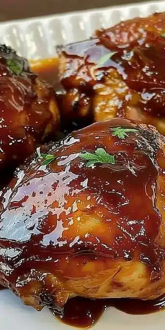 Savory Baked BBQ Chicken Thighs garnished with herbs on a plate