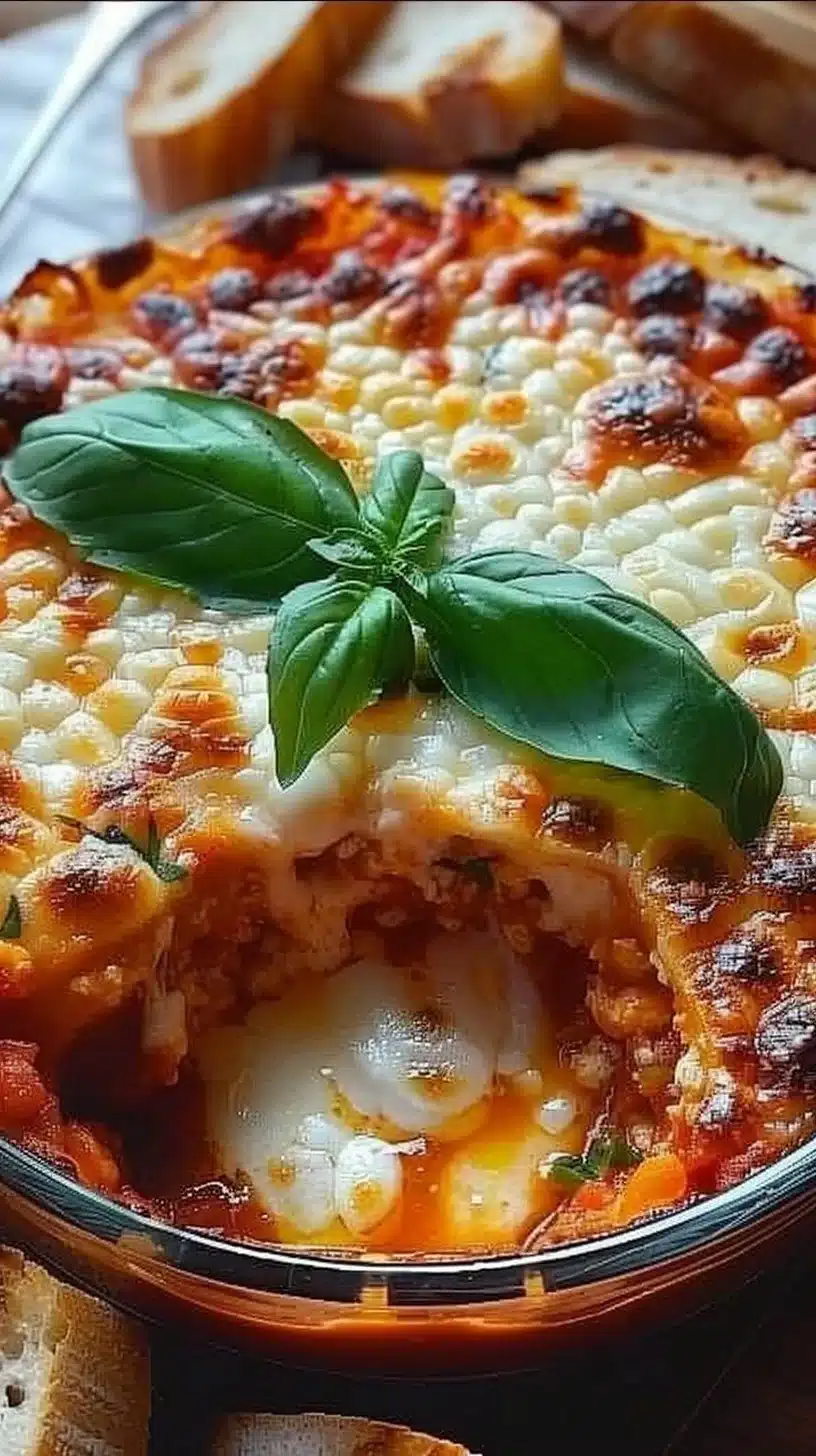 Delicious baked goat cheese marinara dip served in a dish with bread and herbs.
