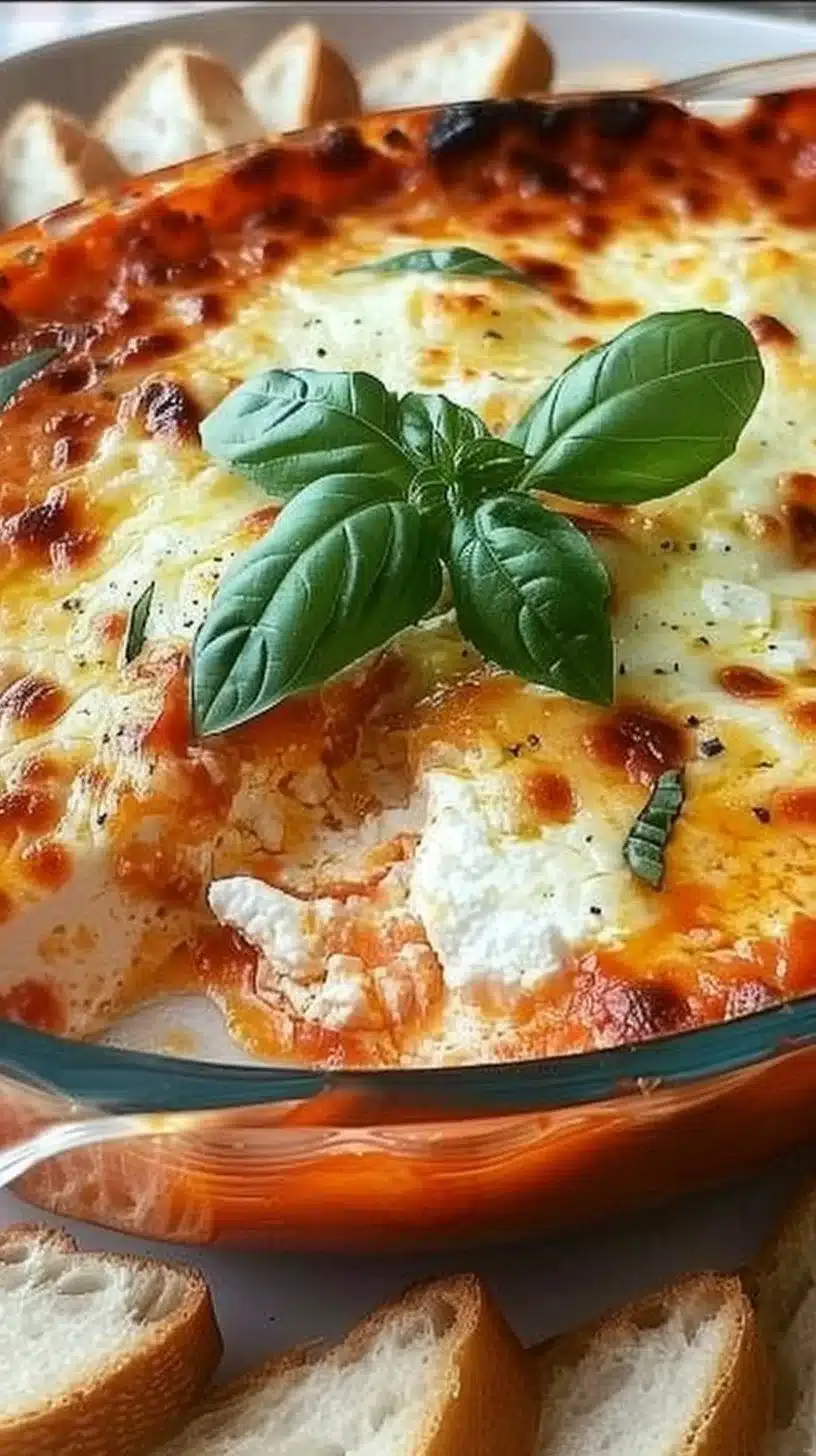 Baked goat cheese marinara dip served in a dish with fresh herbs