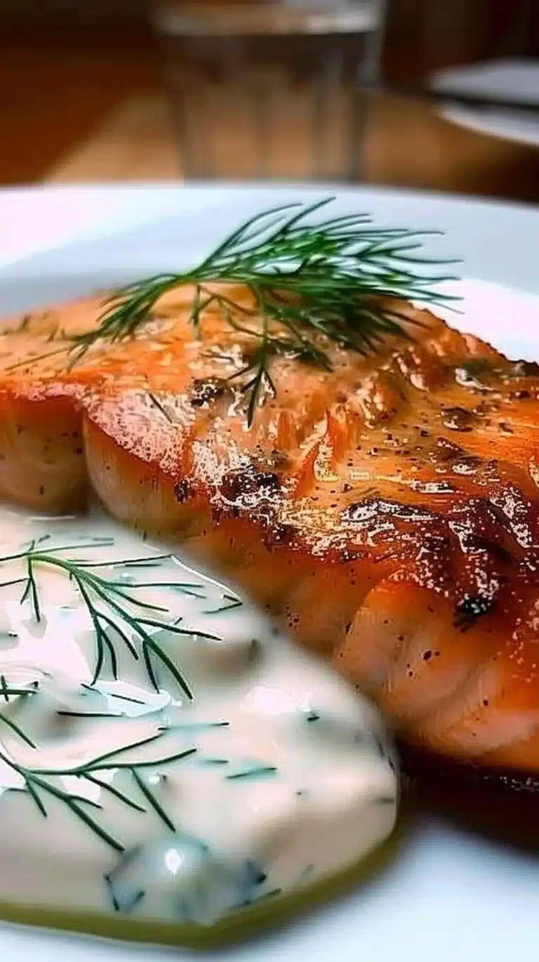 Baked salmon fillet served with a dill yogurt sauce on a plate.