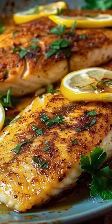 Deliciously baked tilapia on a plate, garnished with herbs and lemon.