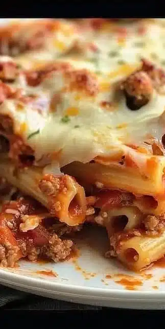 Delicious baked ziti topped with melted cheese and herbs, served in a casserole dish.