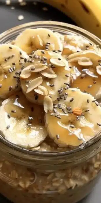 Delicious bowl of Banana Almond Overnight Oats topped with sliced bananas and almonds