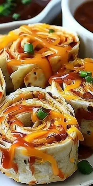 Delicious BBQ chicken pinwheels served on a plate