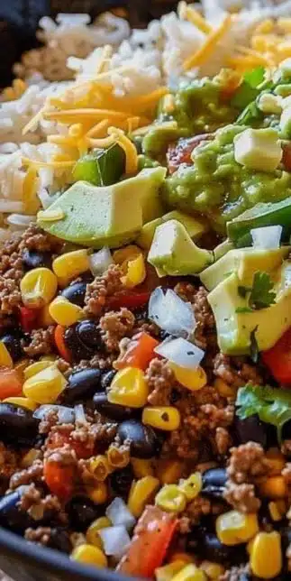 Five delicious beef burrito bowls with various flavor combinations garnished for serving.