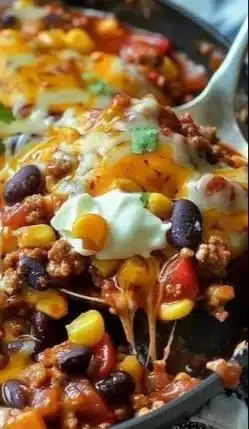 Beef enchilada skillet topped with cheese and cilantro