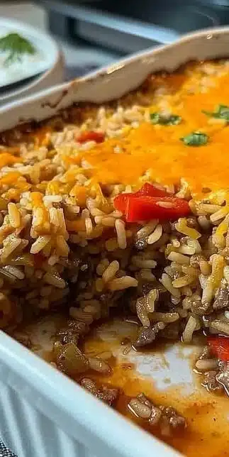 Delicious Beef Rice Casserole served in a baking dish with herbs and spices