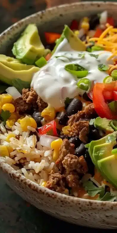 Delicious Beef Taco Bowls with vibrant toppings and spices