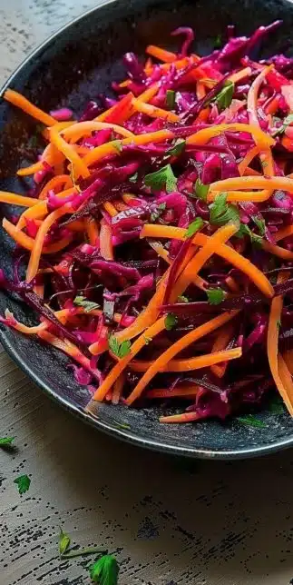 Colorful beet and carrot slaw in a bowl garnished with herbs and dressing
