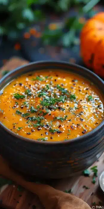 A bowl of creamy pumpkin soup garnished with herbs and spices.