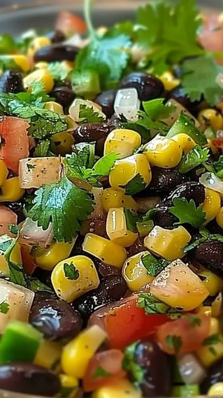 Fresh Black Bean Corn Cilantro Salad in a bowl, garnished with lime.