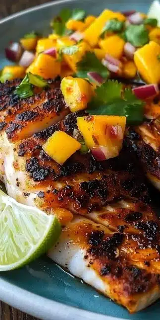Blackened tilapia served with vibrant mango salsa on a plate