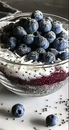 Blueberry Coconut Chia Pudding in a bowl, topped with fresh blueberries and coconut flakes.