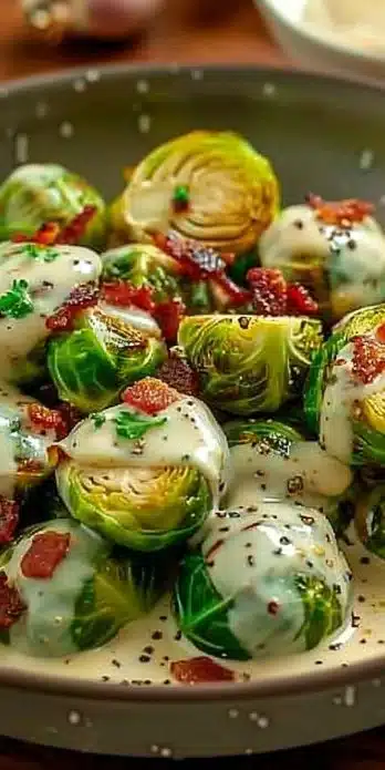 Brussels sprouts cooked with bacon and creamy mustard sauce