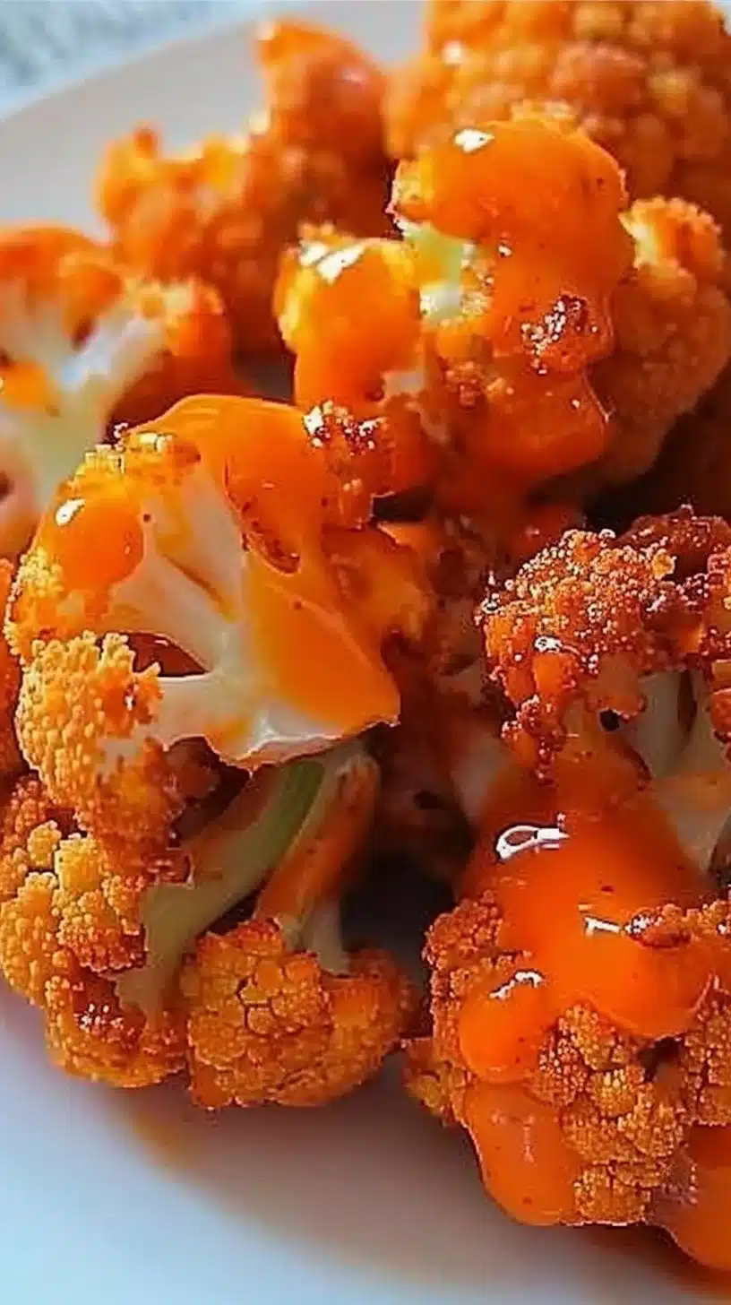 Crispy Buffalo Cauliflower Bites topped with hot sauce and herbs.