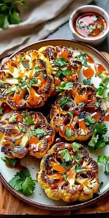 Roasted Buffalo Cauliflower Steaks garnished with fresh herbs