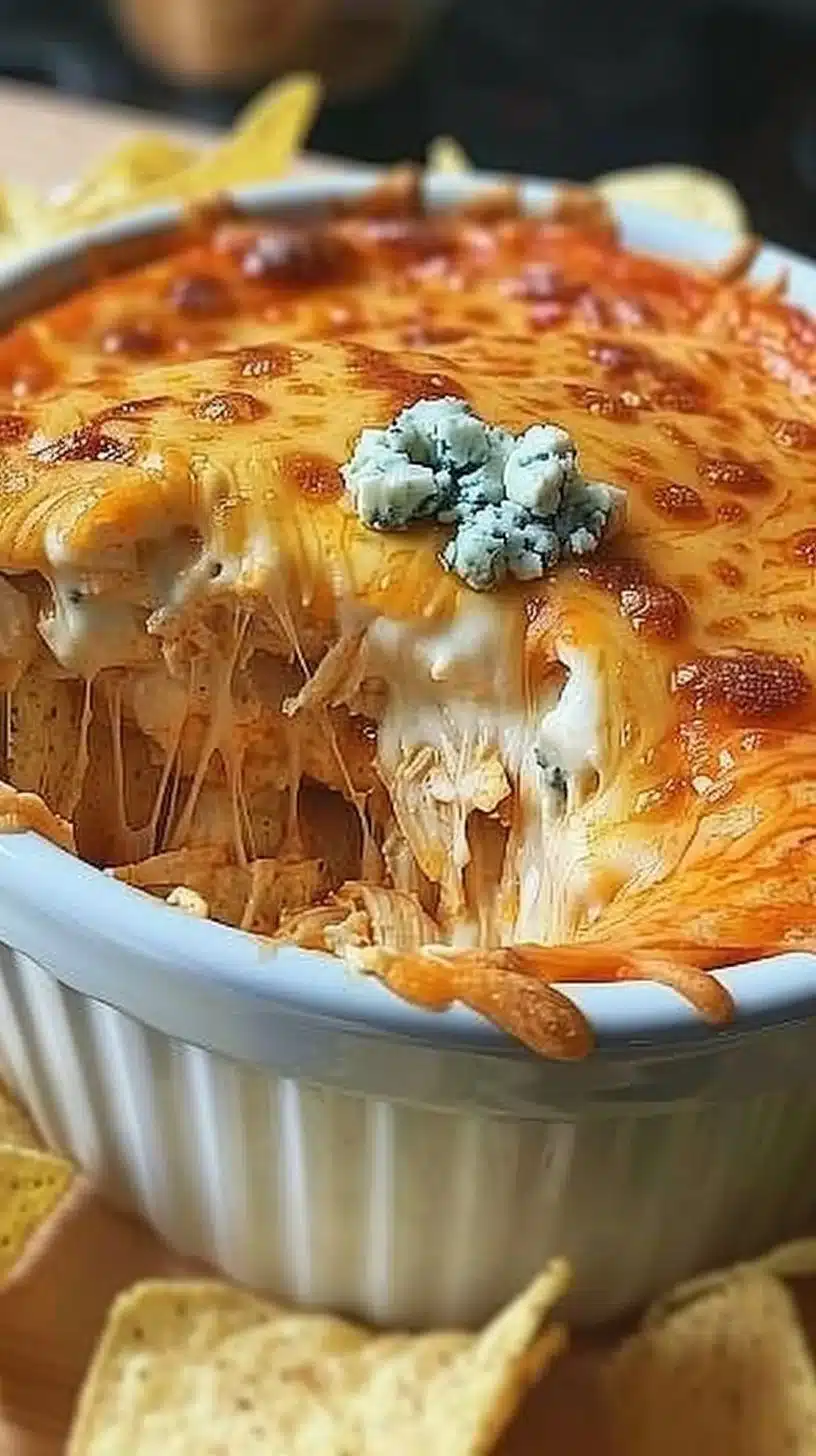 Delicious Buffalo Chicken Dip served in a bowl with tortilla chips