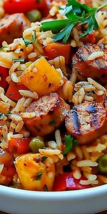 Delicious Cajun Rice with chicken sausage served in a bowl