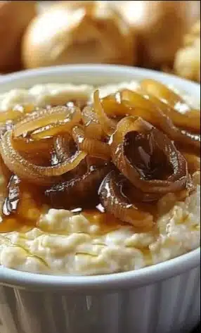 Delicious caramelized onion dip served with fresh veggies and tortilla chips.