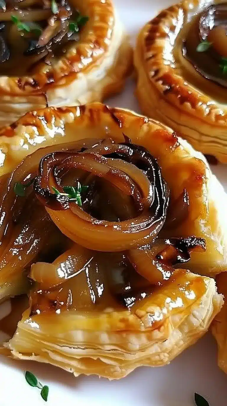 Delicious caramelized onion tartlets on a wooden serving board.