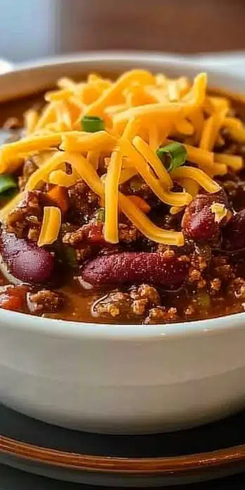 Bowl of hearty carnivore chili topped with fresh herbs and cheese