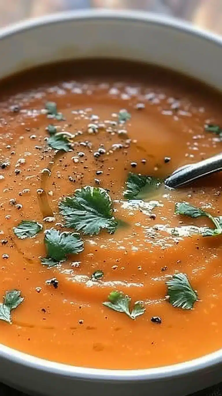Bowl of delicious Carrot Ginger Soup garnished with fresh herbs.