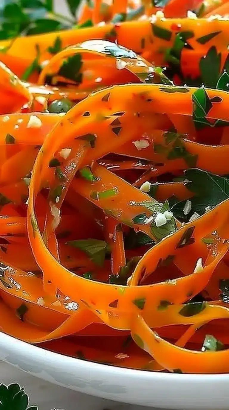 Colorful Carrot Ginger Ribbon Salad served on a plate with fresh herbs.