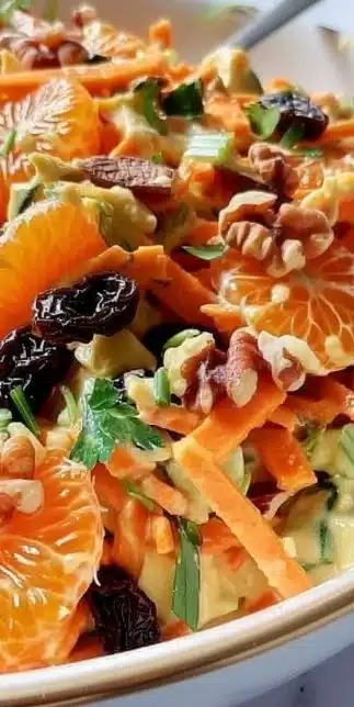 Bowl of Carrot Raisin Orange Salad with vibrant colors and fresh ingredients