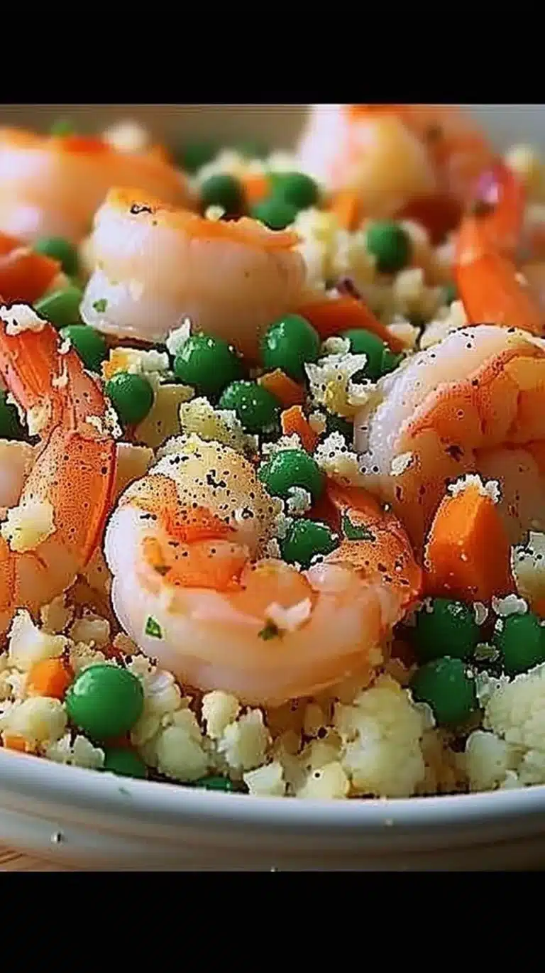 A bowl of Cauliflower Fried Rice with Shrimp, garnished with green onions and sesame seeds.