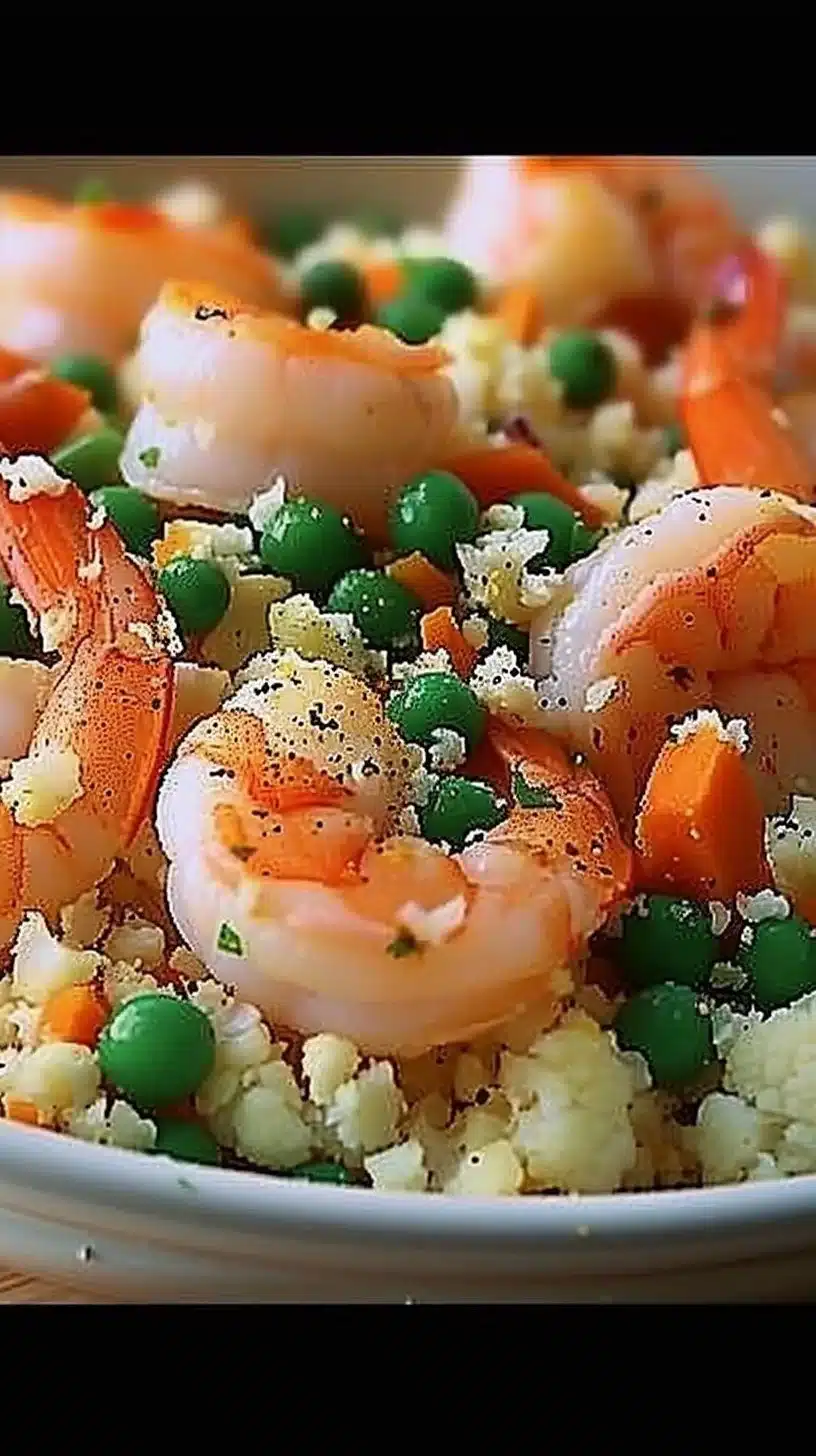 A bowl of Cauliflower Fried Rice with Shrimp, garnished with green onions and sesame seeds.