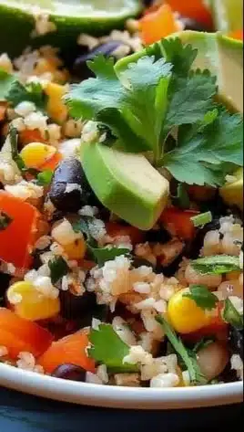 Healthy Cauliflower Rice Burrito Bowl with fresh vegetables and toppings.