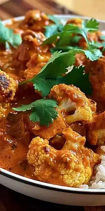 Delicious Cauliflower Tikka Masala served in a bowl with garnish