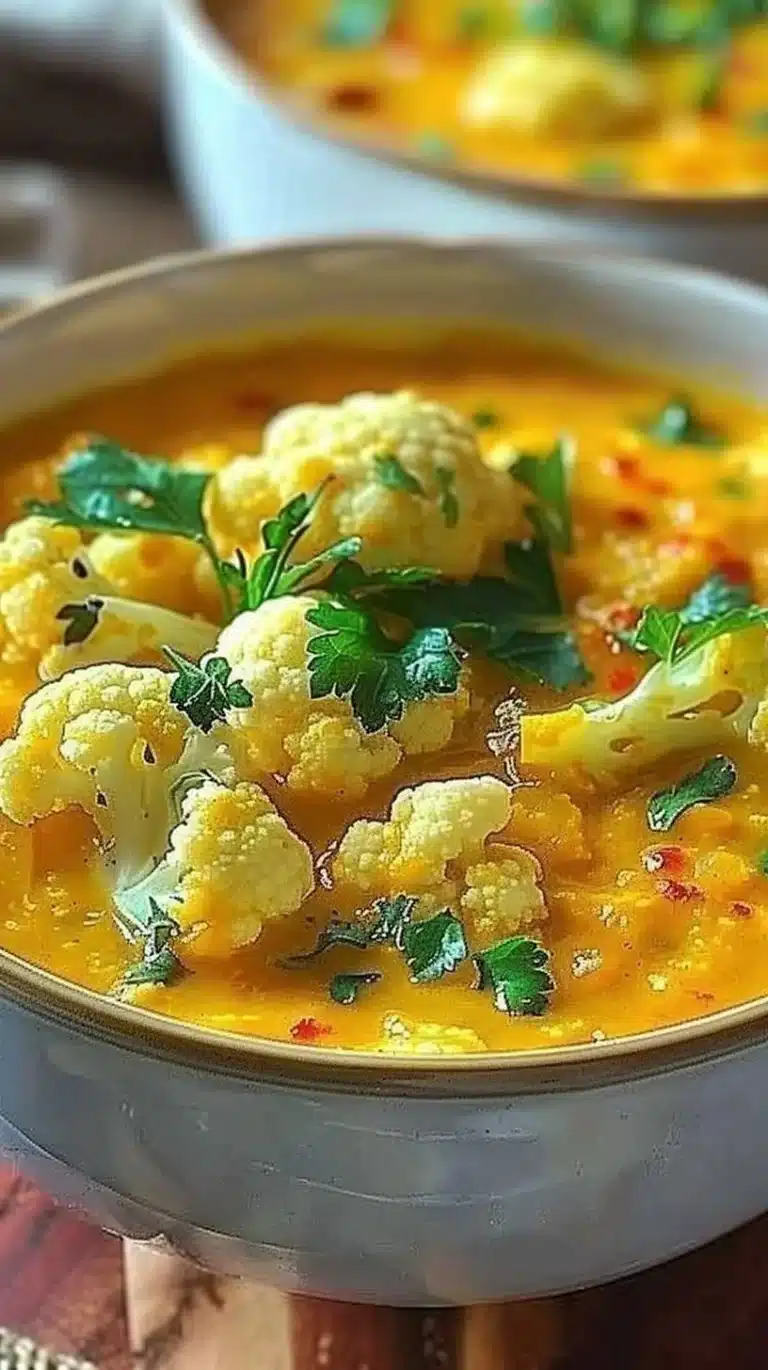 Bowl of Cauliflower Turmeric Soup garnished with herbs and spices