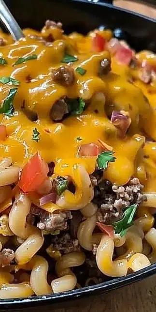 Cheeseburger skillet dish served in a frying pan with colorful toppings.