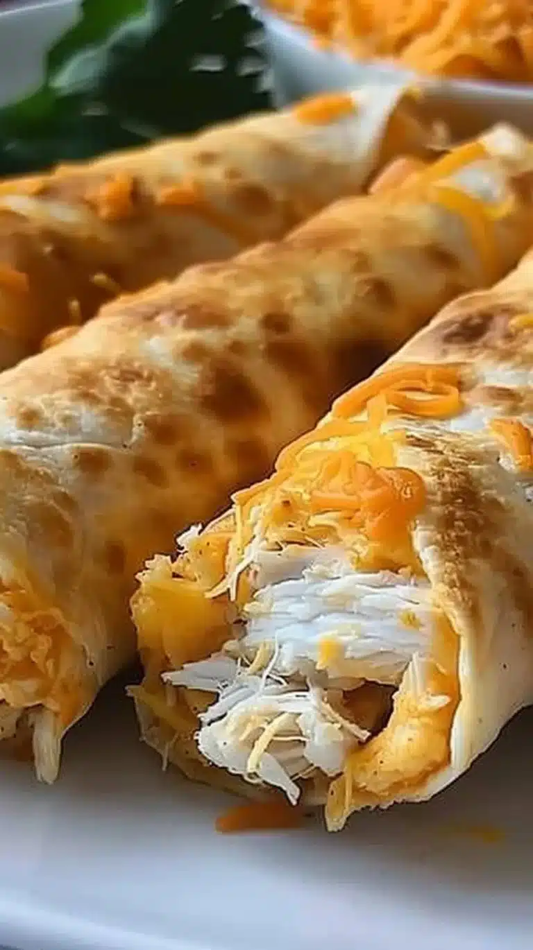 Delicious cheesy chicken taquitos served with salsa and sour cream.