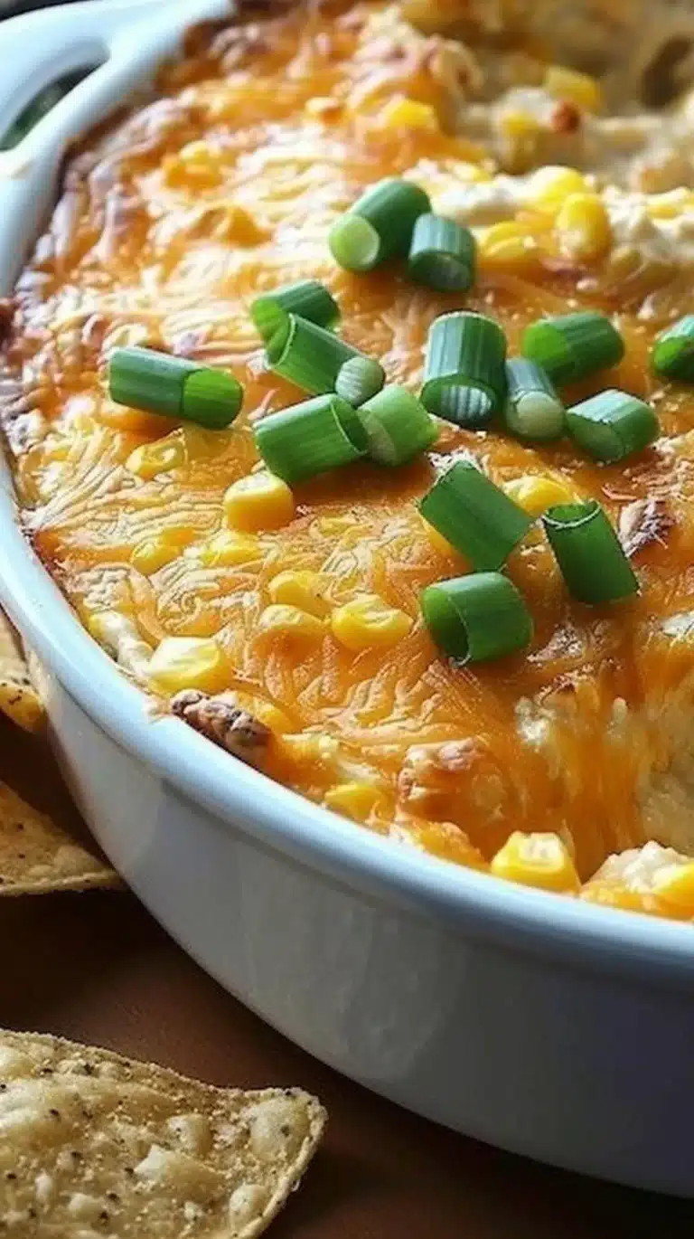 Delicious cheesy corn dip served in a bowl with tortilla chips