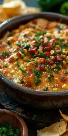 Bowl of Cheesy Corn Dip with peppers, perfect for parties