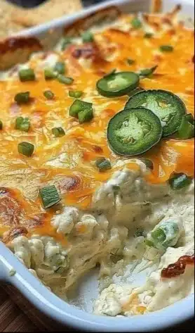 Cheesy jalapeño bread dip served in a dish with tortilla chips