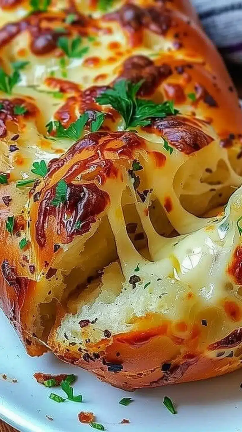 Delicious cheesy pull-apart garlic bread with herbs and melted cheese