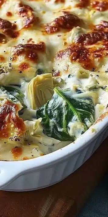 Cheesy spinach artichoke bake served in a dish