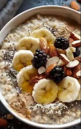 Delicious Chia Almond Porridge topped with fresh fruits and nuts