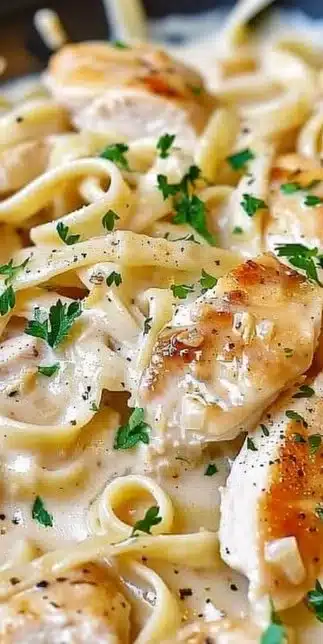 Creamy Chicken Alfredo Skillet served with fresh herbs and pasta
