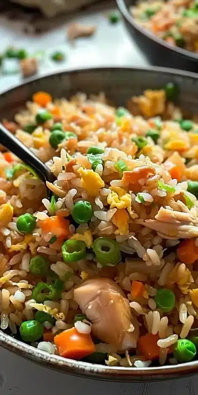 Delicious homemade Chicken Fried Rice served on a plate with vegetables and chicken.