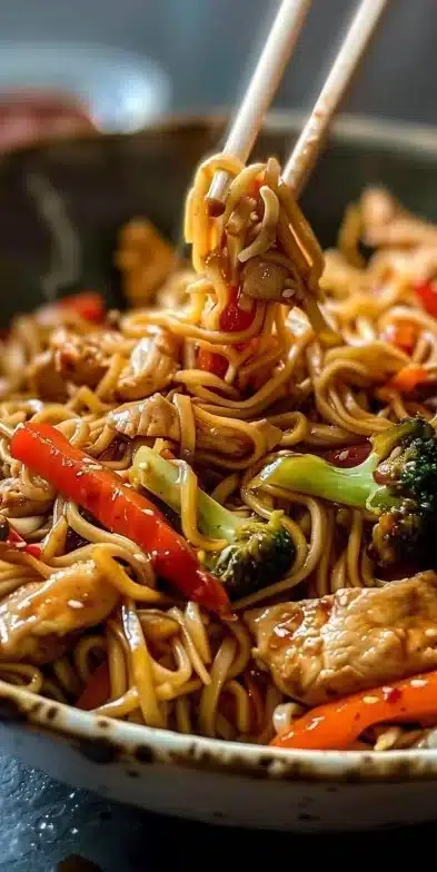A plate of delicious Chicken Lo Mein with colorful vegetables and noodles