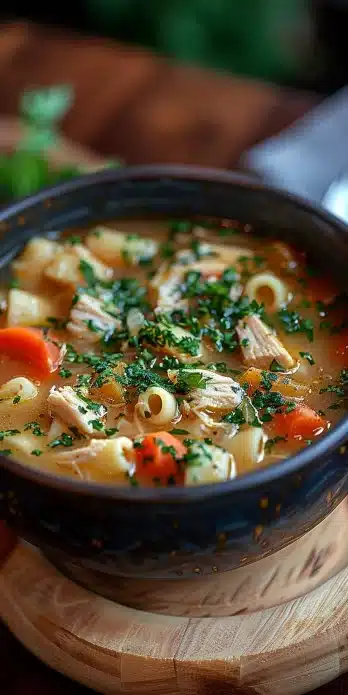Bowl of delicious Chicken Noodle Soup with noodles, chunks of chicken, and herbs