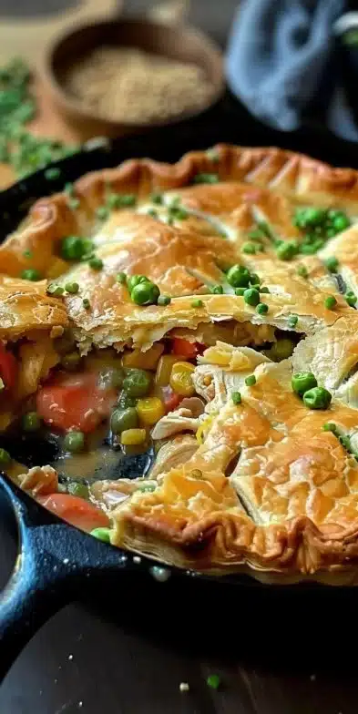 Delicious Chicken Pot Pie Skillet with vegetables and golden crust