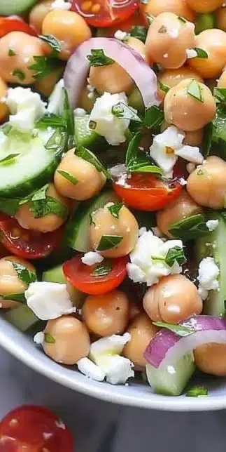 Chickpea and cucumber Mediterranean salad with fresh vegetables and herbs